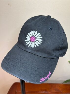 Life is Good Black Daisy Embroidered Women’s Baseball Cap, Pink and White Accent